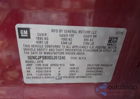 2016 Chevrolet Trax Lt z USA, uszkodzony, nr VIN 3GNCJPSB0GL261246